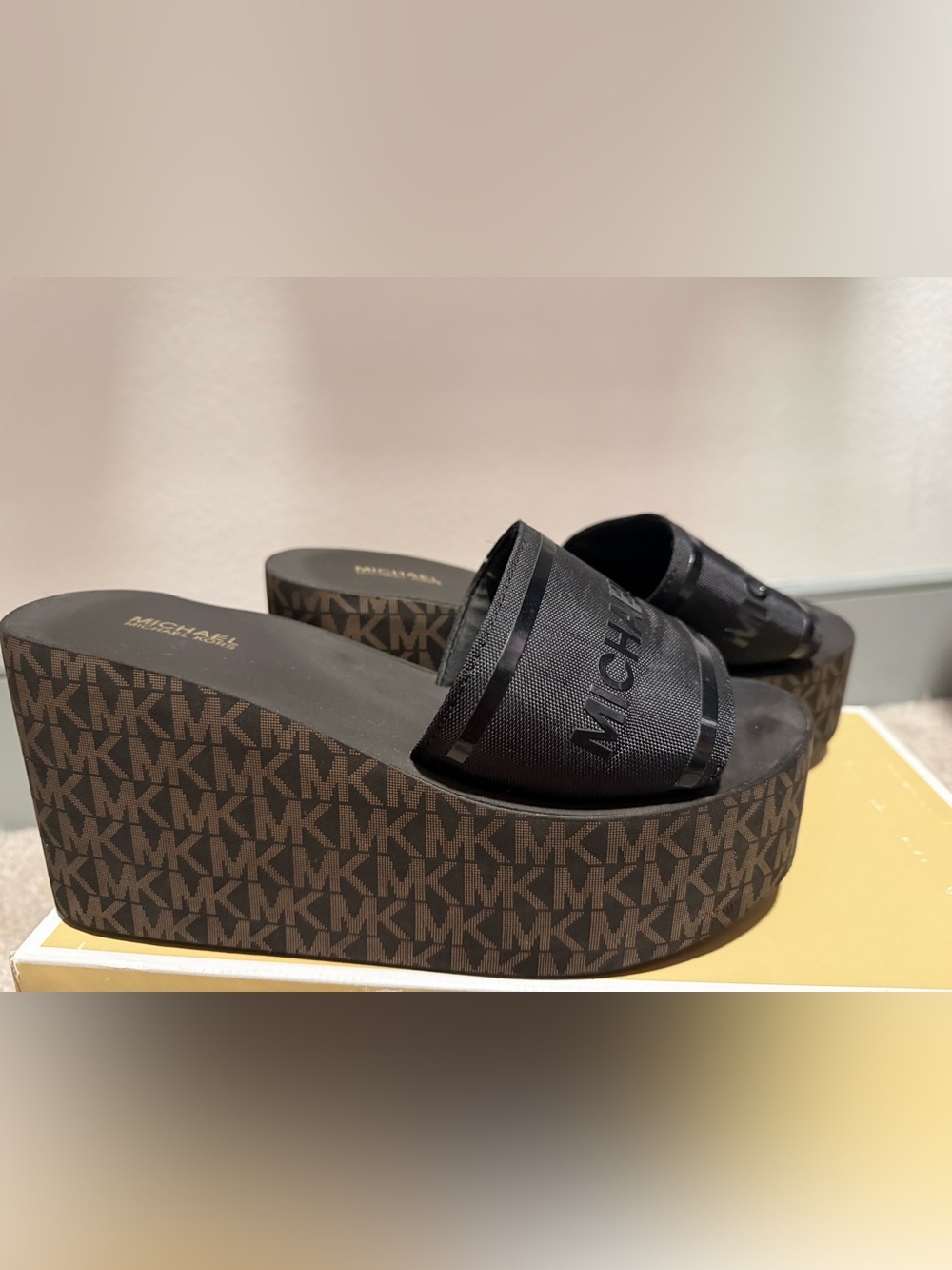 Michael Kors Black Logo-Print Platform Slide Sandals